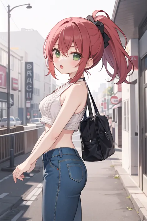 anime girl with red hair and blue jeans walking down the street