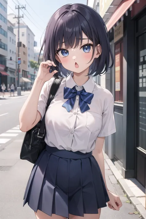 anime girl in school uniform posing on the street with a handbag