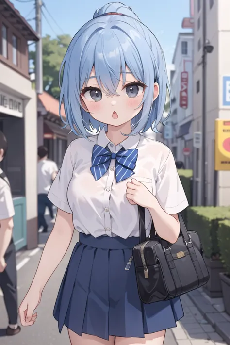 anime girl in school uniform walking down the street with a handbag