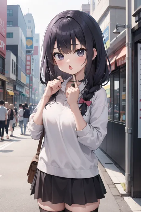 anime girl with black hair and short skirt standing on the street