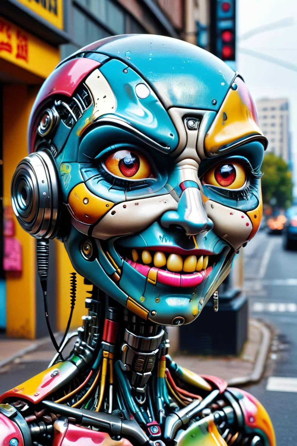 RAW photo of a madpunk c1bo cyborg (Winking playfully, cheeky expression) at a Surveillance cameras on every street corner, super detail, ultra-realism, Gorgeous splash of vibrant paint  ,  ais-colorfulplastic