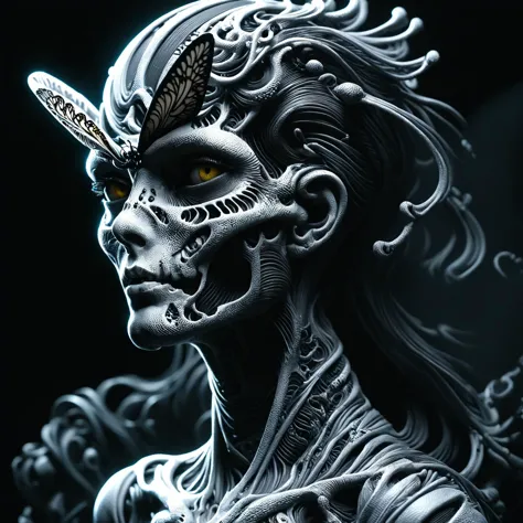 a close up of a woman with a skull face and a feather on her head