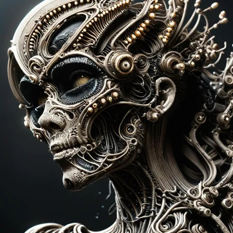 a close up of a metal sculpture of a woman with a skull face