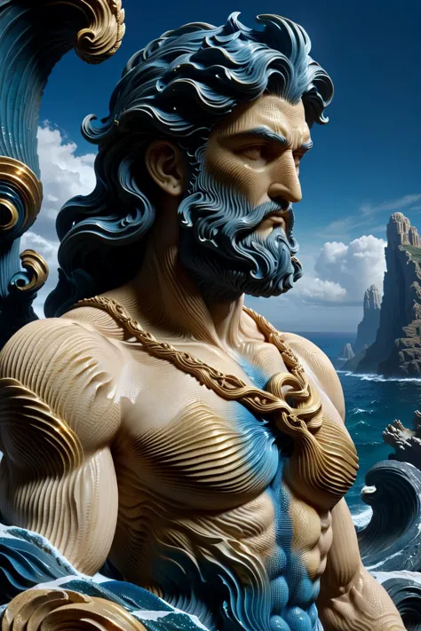 qualidade incrível, obra de arte, melhor qualidade, hiper detalhado, ultra detalhado, Ultra HD, profundidade de campo, 
Estátua de Poseidon usando a habilidade ral-3dwvz, pedra, além-mar,
