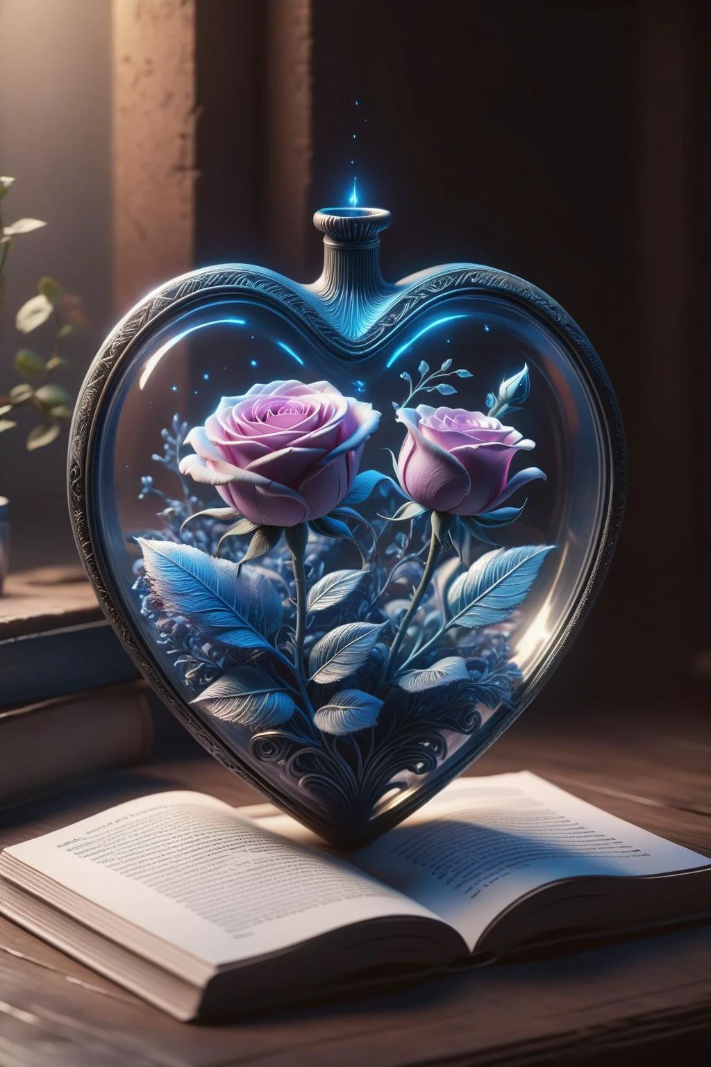Digital Art,Concept Art,octane rendering,unreal engine,dreamlike scenes,delicate and rich light and color,superb light and shadow effects and color matching,aesthetic and romantic,Surrealistic,magical,fantasist,fantastic,Ornate And Intricate,unimaginable beauty,
A glowing [pink|purple] rose and some glowing blue plants in a transparent (heart-shaped:1.5) glass container,
this container in a love story book,extremely romantic mood,nostalgic atmosphere,gentle light and lingering composition,depth of field,letitflrsh,ral-3dwvz,