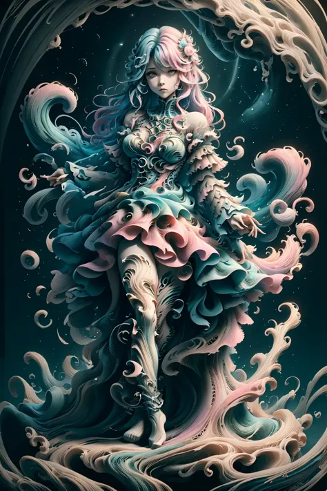 (masterpiece, top quality, best quality,watercolor (medium),official art, beautiful and aesthetic:1.2),(1girl:1.3), (fractal art:1.3),full body, looking at viewer,patterns,(rainbow color Hair,colorful hair,half blue and half pink hair:1.2), Movie Light, (Hell Building), Death Light, (Purple Particle), Demon, Moon, Bright Moonlight Skull, Very long hair, clothes with ridiculous Details, Whirlwinds, made of ral-3dwvz <lora:ral-3dwvz-sd15:1> ral-3dwvz