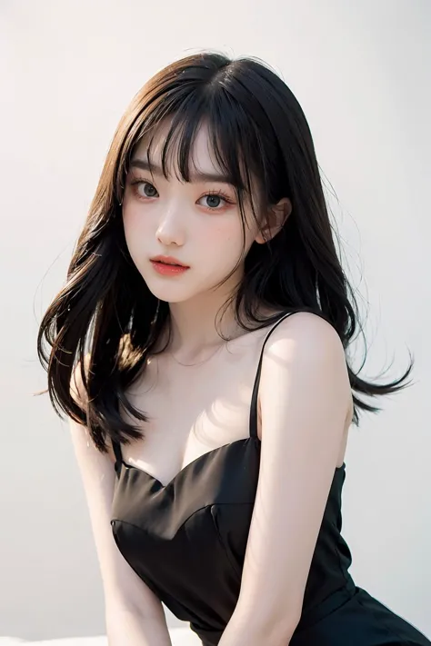 1girl,hair with bangs,black long dress,white background, <lora:Aheye4EVE_V1-04:1>