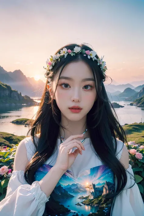 (high quality:1.4), (best quality:1.4), (masterpiece:1.4), official art, official wallpaper, surreal, beautifulgoddess, (1woman:1.1), (long wavy hair:1.1), (flower crown:1.1), (mystical creatures:1.1), (floating islands:1.1), (detailed landscape:1.1), (mag...