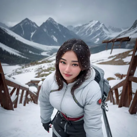 cinematic photo woman, beautiful face, beautiful eyes, (mountain climber at the summit), climbing gear, furry jacket, wide hips, perfect breasts, snow, (snowing heavily), happy, looking at viewer, from above  <lora:chiefilomeno:1> . 35mm photograph, film, bokeh, professional, 4k, highly detailed