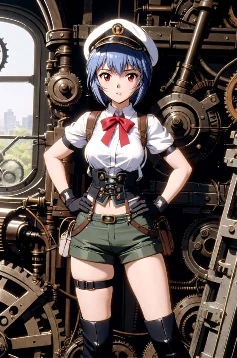 anime girl in uniform posing in front of a large machine