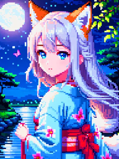 pixel art, original, (masterpiece), (illustration), (extremely fine and beautiful), (perfect details), (unity CG 8K wallpaper:1.05), (beautiful and clear background:1.25), (depth of field:0.7), (1 cute girl with (2 fox ear:0.9) and (fox tail on the back:1....