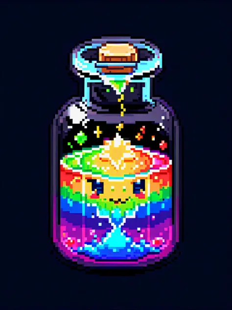 pixel art, cartoon illustration, rainbow potion, happiness, simple black background, game icon