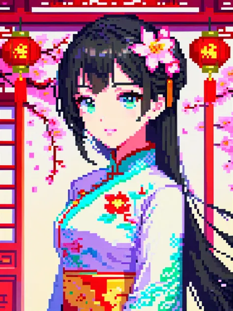 pixel art, upper body, ((((black hair)))), (solo:1.5), anime face, ((detailed face)), (((masterpiece))), (((best quality))), (((extremely delicate and beautiful))), ultra-detailed, 32 bit style, (((beautiful detailed eyes))), (((qipao))), (cheongsam), (Chi...