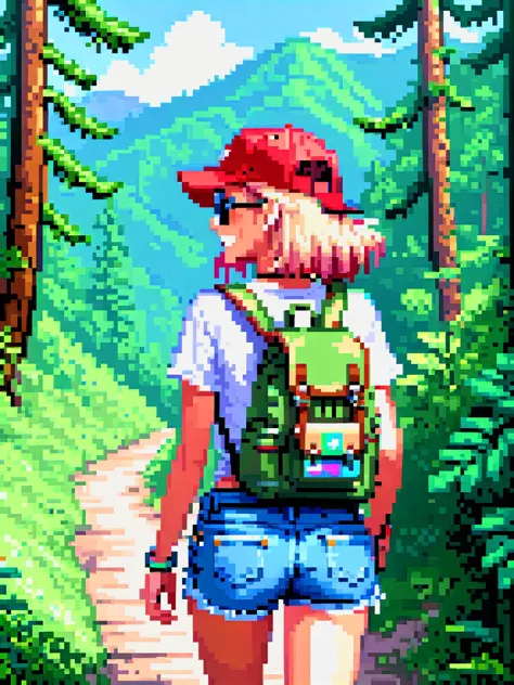 Pixel Art, 1girl, hiking down a wooded trail, wearing denim cutoff shorts and a t-shirt, cap, sunglasses, looking back over shoulder, backpack, gluteal fold, huge smile