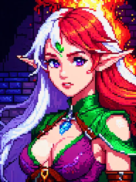 pixel art of young elf woman, a seductive wizard with long white hair and purple eyes, beauty, beautiful breasts and sexy face, cinematic film still, from Dungeons & Dragons, hot body, metal pauldron, belt, wizard robes, pixel art of a beautiful sexy teena...