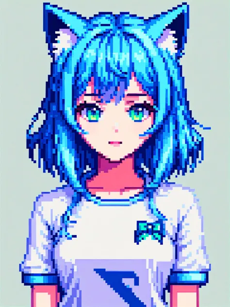 arte de pixel, mejor calidad, (chica), hermosos ojos detallados, mirando al espectador, Parte superior del cuerpo, pelo azul, tímido, orejas de gato, Muy detallado, Alta resolución, afilado, afilado image,  estilo de juego poco, camisa