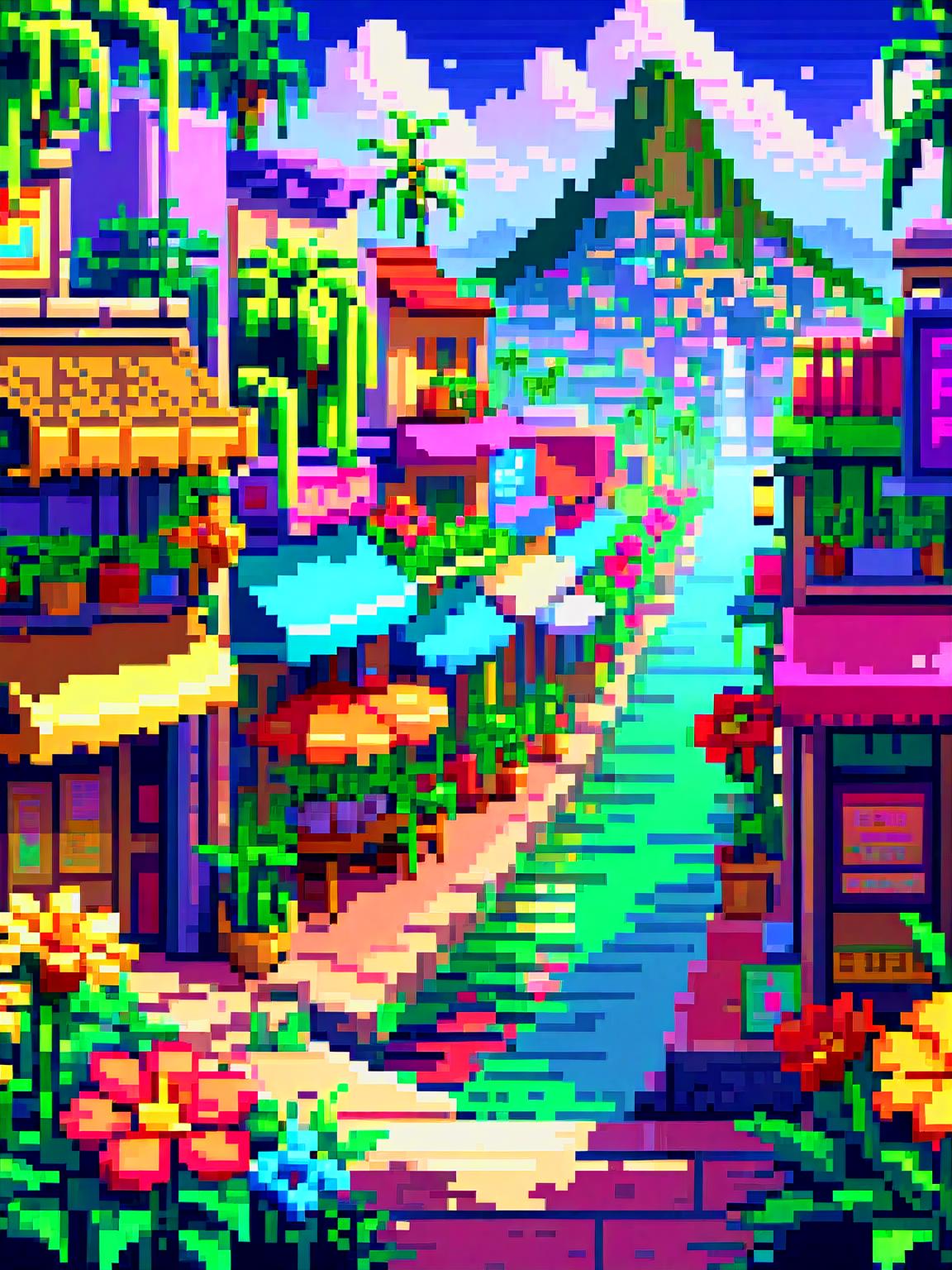 A close up of a pixel art style street with a mountain in the background -  SeaArt AI