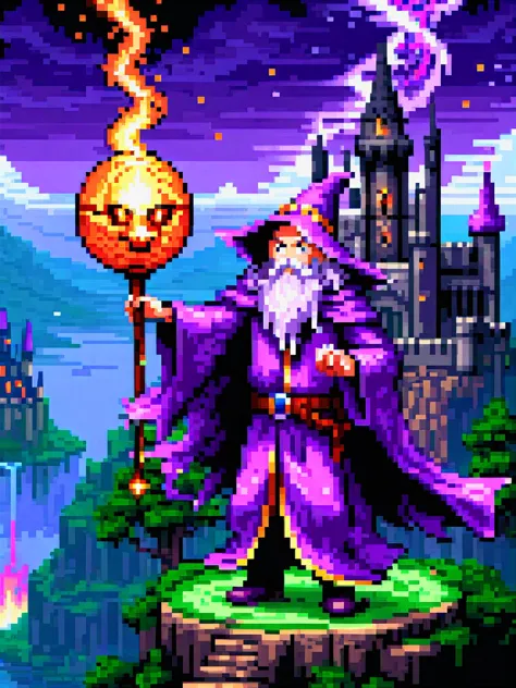 (Pixel art:1.2) a wizard wielding an orbstaff, casting spells, old dark castle in background, HD, masterpiece, best quality, hyper detailed, ultra detailed