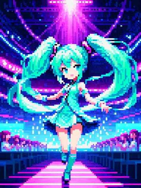 pixel art, Hatsune Miku, the iconic virtual pop star, stands center stage in a futuristic concert venue, Bathed in a neon glow, ...