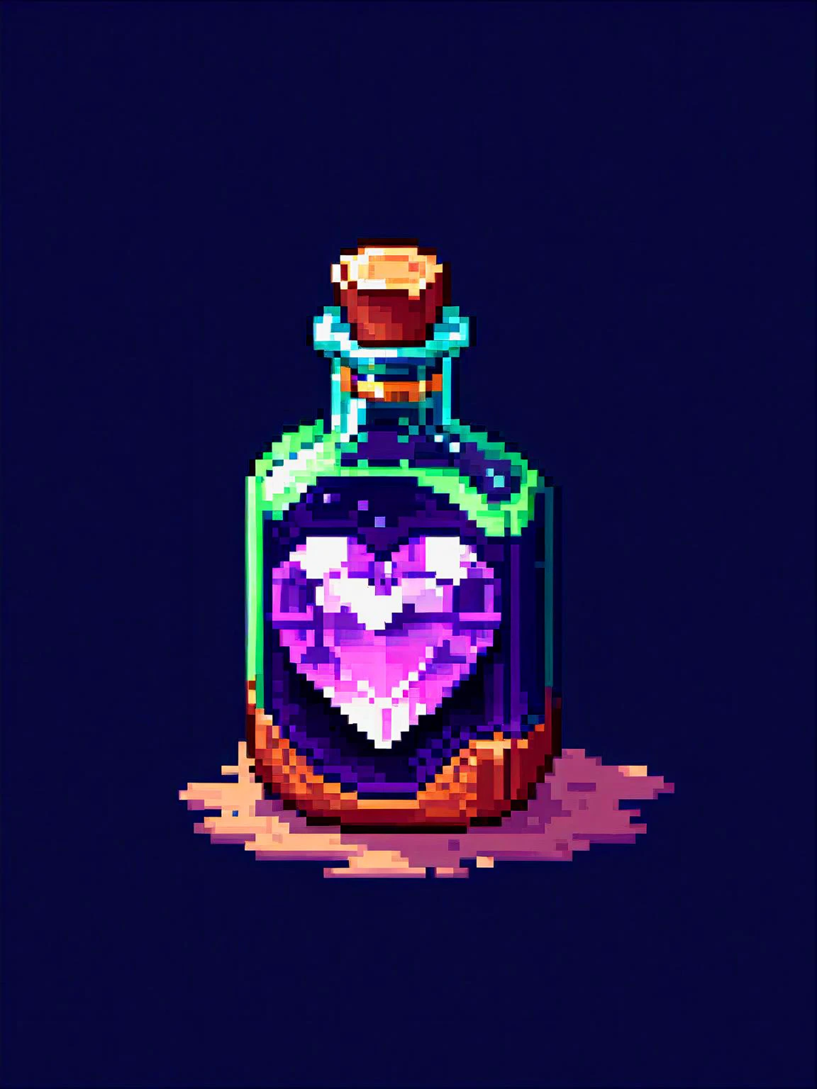 pixel art, heal potion, label with purple heart gem, simple black ...