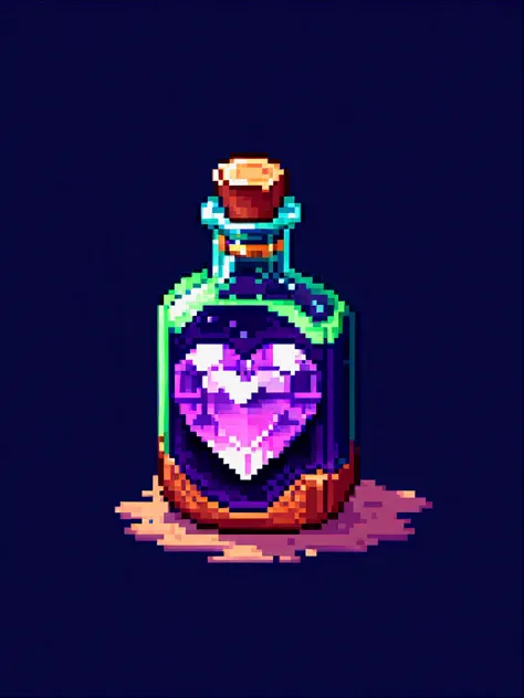 pixel art, heal potion, label with purple heart gem, simple black background, game icon
