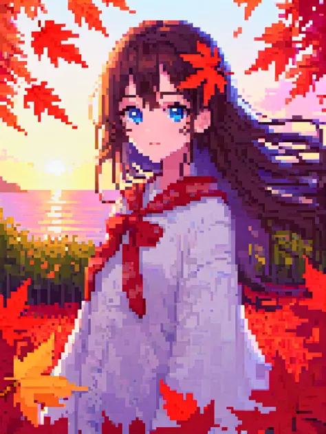 pixel art, (((sunset))), flat color, Golden ratio, {masterpiece:1.5}, {extremely detailed CG unity 8k wallpaper:1.5}, {Grim expression:1.2}, {1girls:2}, {full body:1.8}, {cry, smile:1.8}, The wind blows the maple leaves, extremely detailed maple leaf, {extremely detailed eyes:1.5}, {extremely beautiful detailed anime face:1.5}, black hair, {cute animal face:1.5}, {extremely delicate and beautiful girls:1.4}, blue eyes,{glowing eyes, blank stare:1.5}, {backlight:2}, body is turning into maple leaves, {flowing maple leaf background:1.4}, {depth of field:2}, Red light, extremely detailed sky, clothes with maple leaf, {Maple tree background:1.5}, body with maple leaf , floating hair with maple leaf, looking at viewer, maple leaf foreground, hair with maple leaf, {flowing hair:1.2}, The picture fills the canvas, {flowing:1.2}, dynamic angle