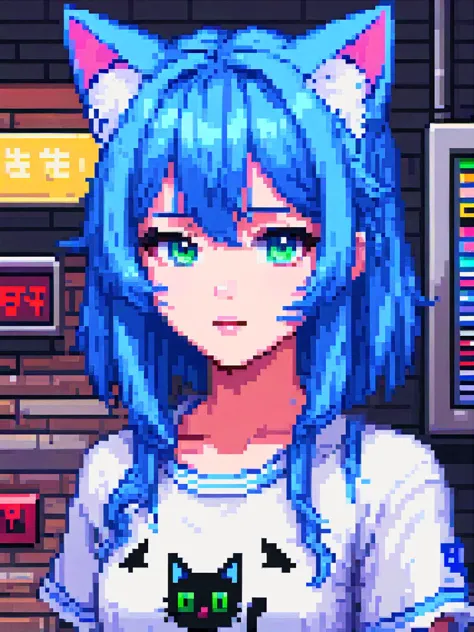 pixel art, best quality, (girl), beautiful detailed eyes, looking at viewer, upper body, blue hair, shy, cat ears, very detailed...