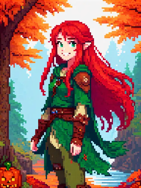 pixel art of a 15yo girl, druid with long red hair, autumn, cinematic film still, from Dungeons & Dragons, rugged clothes, sweet...