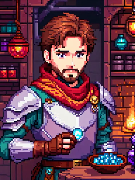 pixel art of young handsome man with brown hair and beard, an artificer wearing a red scarf and plate armor, gadgets, inventions...