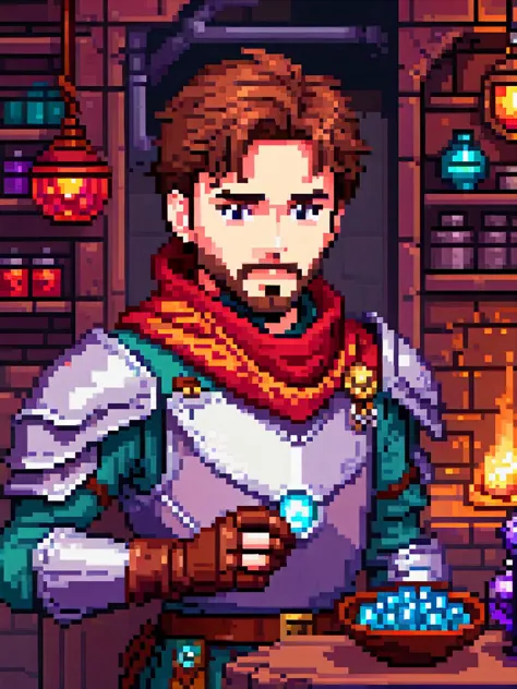 Pixel-Art eines jungen, gutaussehenden Mannes mit braunen Haaren und Bart, ein Artificer, der einen roten Schal und Plattenrüstung trägt, Geräte, Erfindungen, Zauberlabor,   aus Dungeons & Drachen (tony stark:0.8)