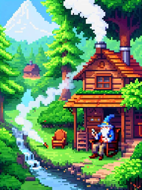 pixel art, a beautiful landscape full of green trees, cozy hut with smoke coming out of the chimney, stream, porch, friendly old man with a large wizard hat sitting in a rocking chair, smoking a pipe, ultra detailed