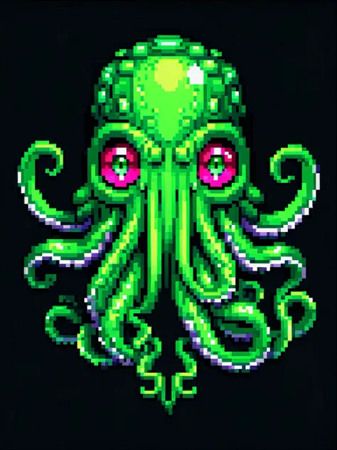 pixel art, cartoon illustration, tentacle green shield, lovecraft, Cthulhu, ruby gem eyes, simple black background, game icon