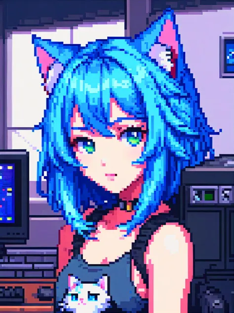 pixel art, best quality, (girl), beautiful detailed eyes, looking at viewer, upper body, blue hair, shy, cat ears, very detailed, high resolution, sharp, sharp image, 64 bit game style, shirt