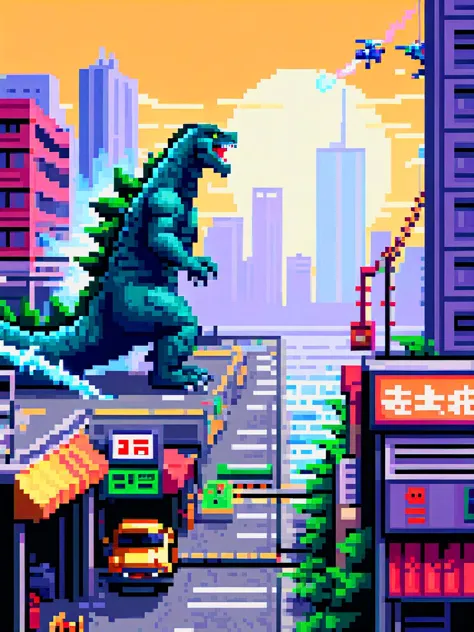 pixel art of godzilla attacking a city, side scrolling videogame, 16 bit style