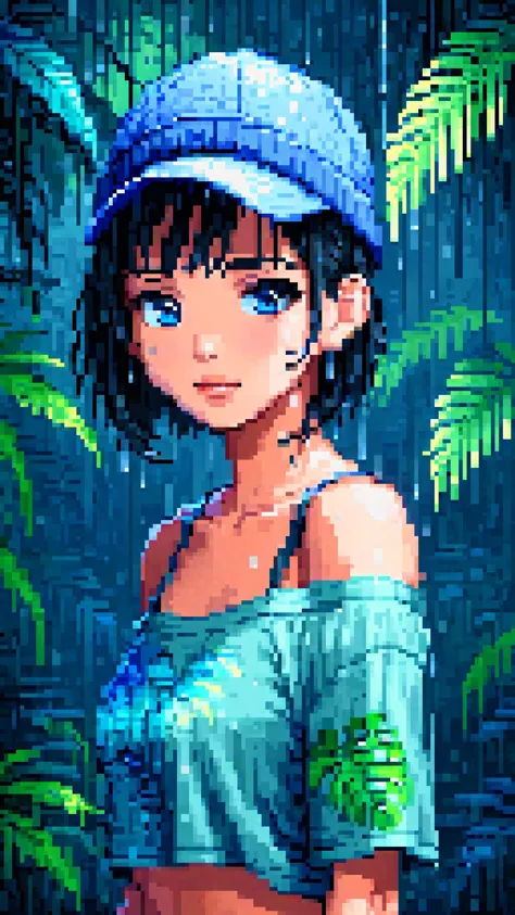 pixel art, pixel sorting, masterpiece, cute girl portrait, heavy rain in a tropical forest, gray blue atmosphere, 1girl, loose s...
