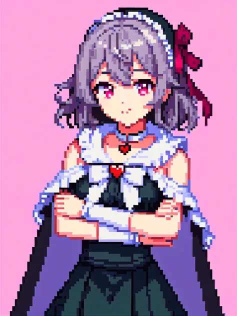 pixel art, masterpiece, best quality, rating: general, newest, Fallen shadow, yandere, chocolate, heart-shaped pupils, single wrist cuff, symbol-shaped pupils, solo, hands on own face, dress, food-themed clothes, criss-cross halter, waist bow, hood up, hea...