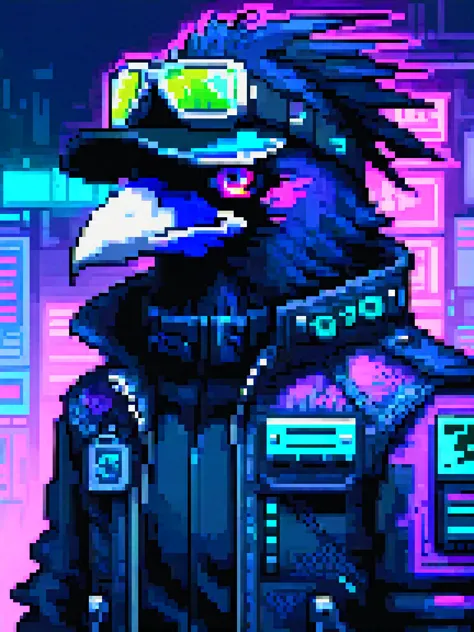 pixel art, digital oil pastel on canvas, animal, furry, upper body of a cyberpunk raven dressed in black techwear jacket, eye visor