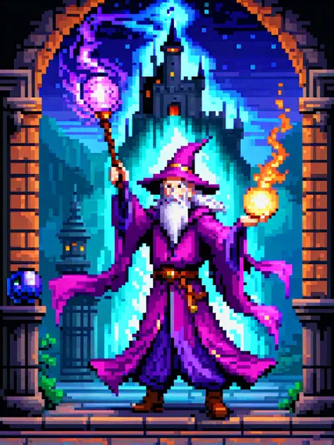 (Pixel art:1.2) a wizard wielding an orbstaff, casting spells, old dark castle in background, HD, masterpiece, best quality, hyper detailed, ultra detailed