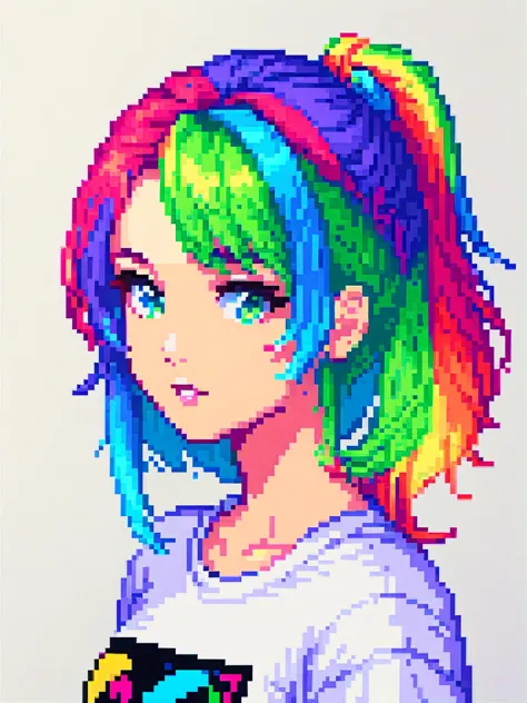 (pixel art: 1.2), 1girl, 20 years old, rainbow hair