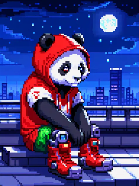 pixel-art a cyborg anthropomorphic giant panda male furry is sitting solo on rooftop, He has very fluffy fur on cheek and animal head, mechanical arms and hands, mechanical legs and boots, He wears a short sleeves red hoodie with both proud and serious on ...