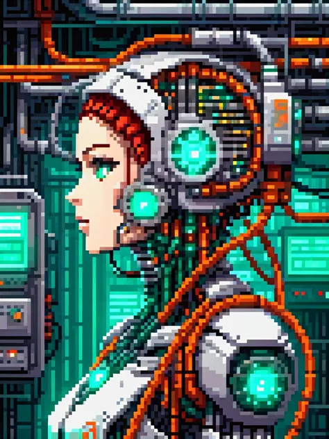 pixel art (cyborg integrated into huge machinery, cables attached to head, wires, tubes, steam:1.3),  teal and orange lighting, ...