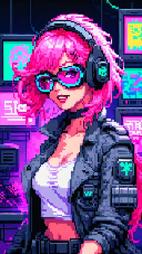 (swat man), (pixel art), detailed, torso, gloves, mask, goggles, action pose, trench coat, pink, surreal, strange, (full body sexy gamer girl with pink hair photo), vaporwave neon theme, woman, portrait, smile, laugh, open mouth, (upper body, bust shot, lo...
