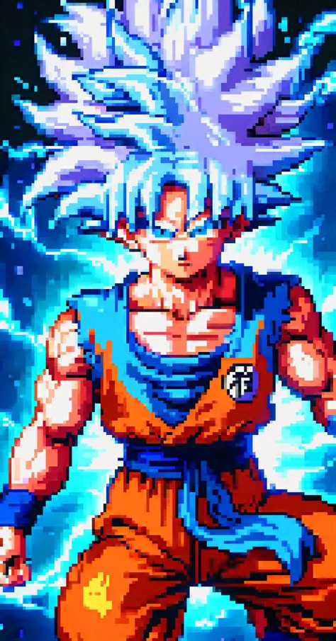 pixel art, (Ultra instinct Goku) with green hair, 32 bit style, realistic photo, (raw photo of Goku cosplay), legendary super sa...