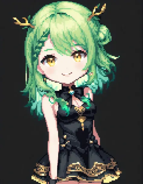 (Pixel art:1.2), 1girl, <lora:Ceres_Fauna:0.8>. green hair. golden eyes. dress, black background, seductive smile