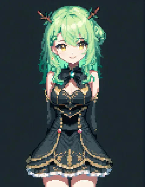 (Pixel art:1.2), 1girl, . green hair. golden eyes. dress, black background, seductive smile