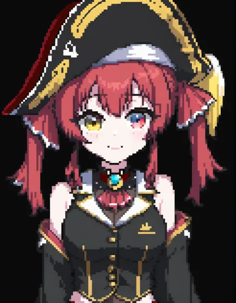 (Pixel art:1.2), 1girl, <lora:Houshou_Marine:.8> houshou marine. solo. heterochromia.pirate hat.twintails, black background, seductive smile