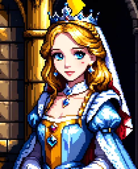 pixel art, best quality, masterpiece, ultra detailed, portrait of a beautiful princess, wearing a crown, fantasy, medieval, artwork