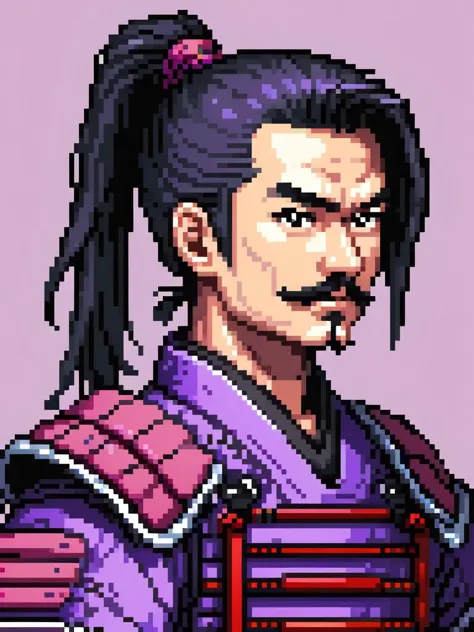 pixel art, ultra detailed, masterpiece,a samurai with a black ponytail and moustache, purple and black armor, asian, fantasy sty...