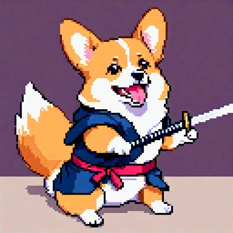 A Corgi With a katana in its mouth sitting down wagging its tail
