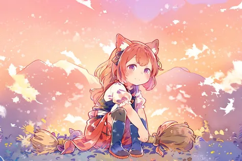 anime girl sitting on the ground with a cat and a broom